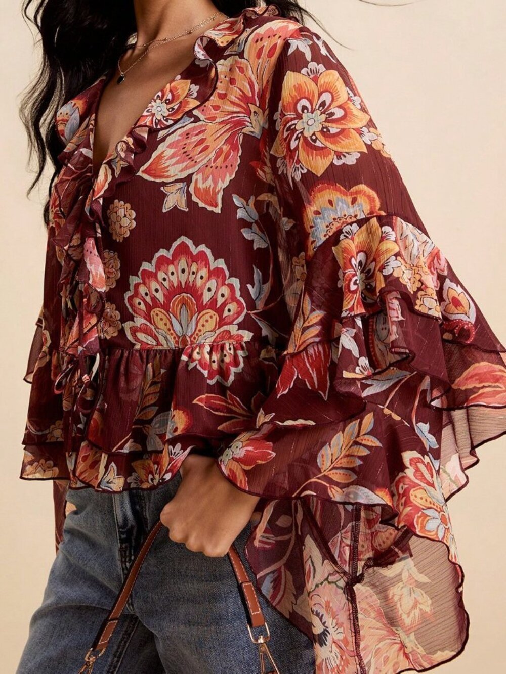 Multicolor Boho Women's All-Over Print V-Neck Ruffle Hem Blouse - Picture 5 of 5